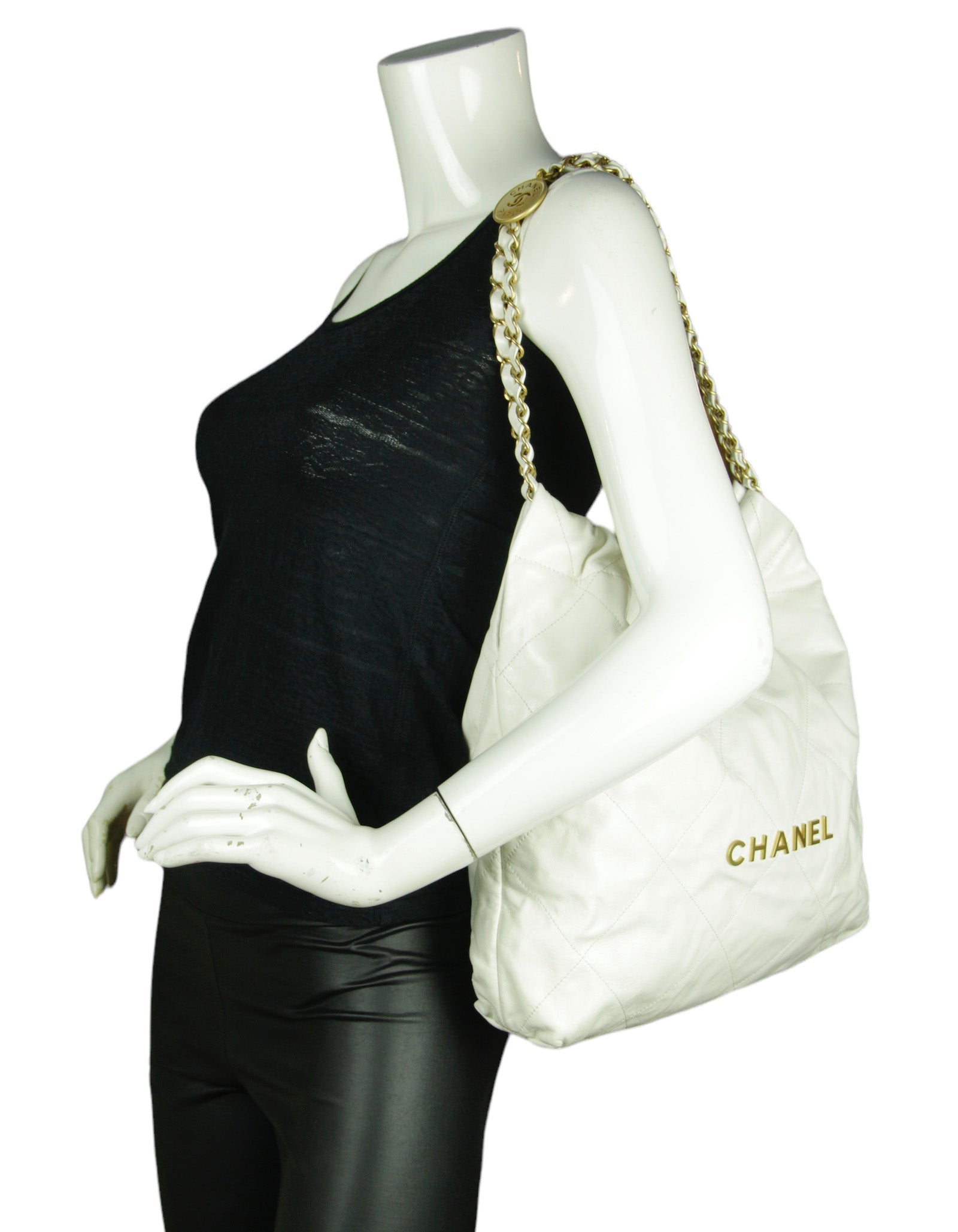 Chanel White Leather Quilted Chanel 22 Tote Bag - Rovelle Bags