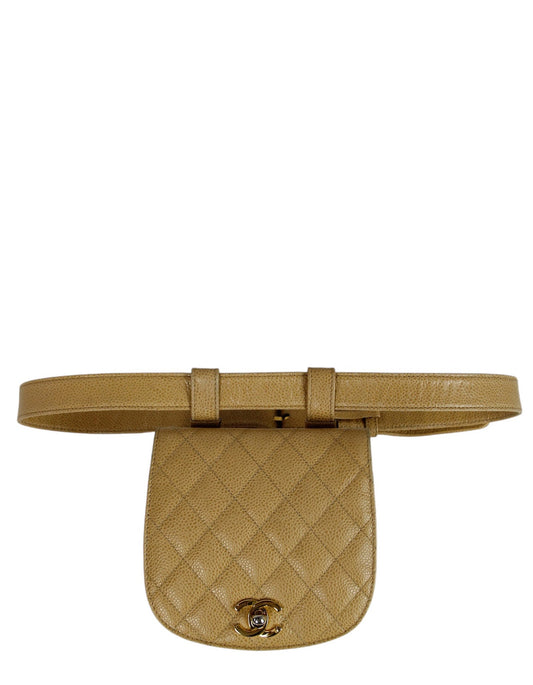 Chanel '90s Beige Caviar Quilted Belt Handbag - Rovelle Bags