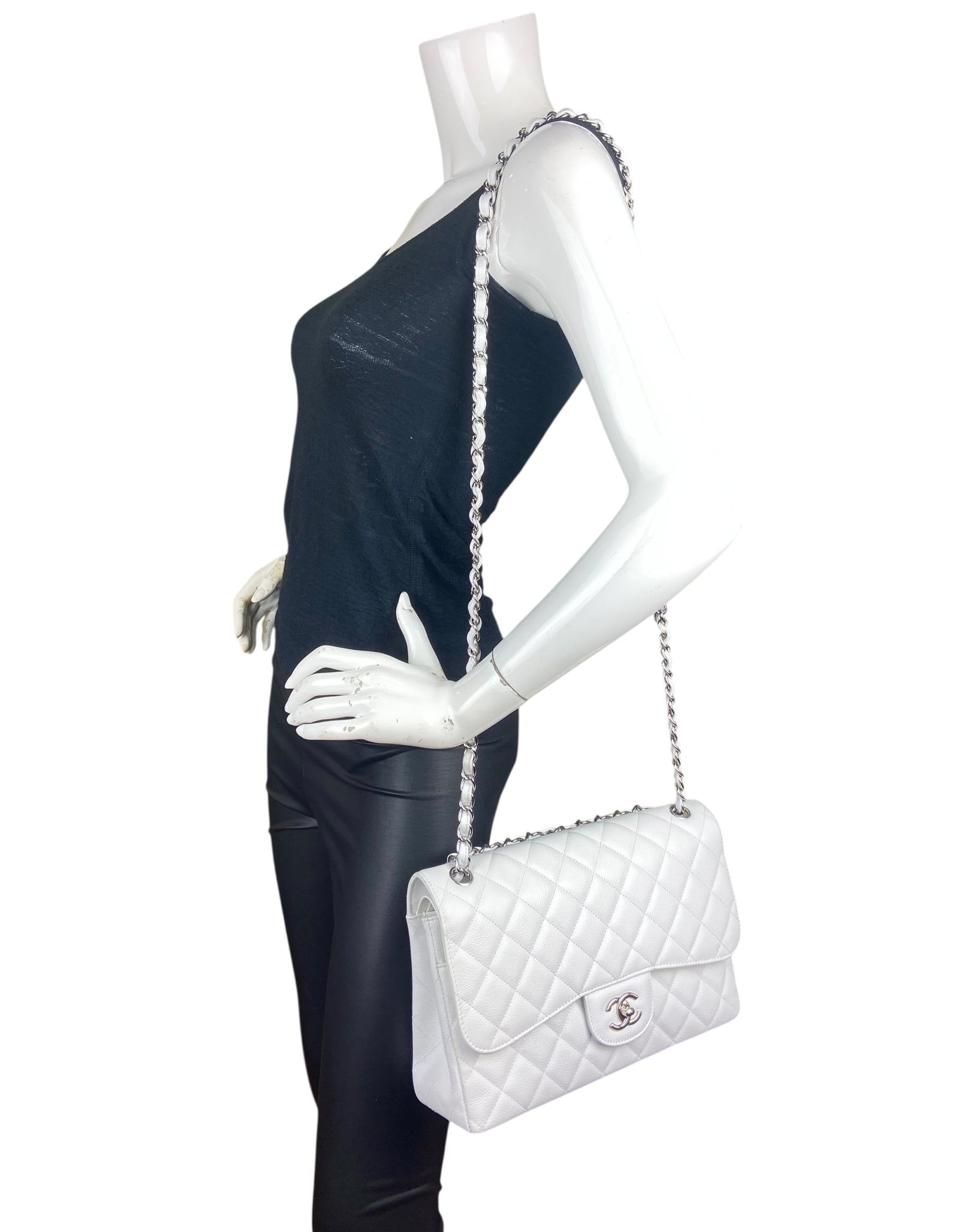 Chanel White Caviar Leather Single Flap Flap Bag - Rovelle Bags