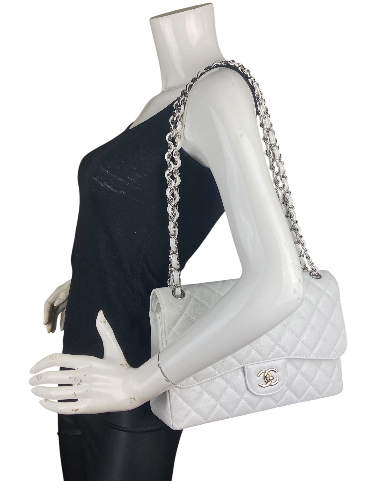 Chanel White Caviar Leather Single Flap Flap Bag - Rovelle Bags