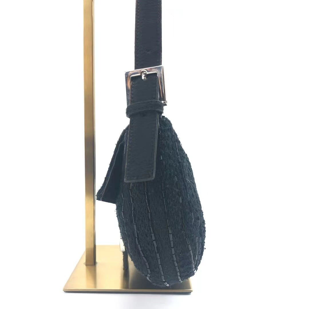 Fendi Baguette Black Glitter Beads and Cloth Knit Shoulder Bag