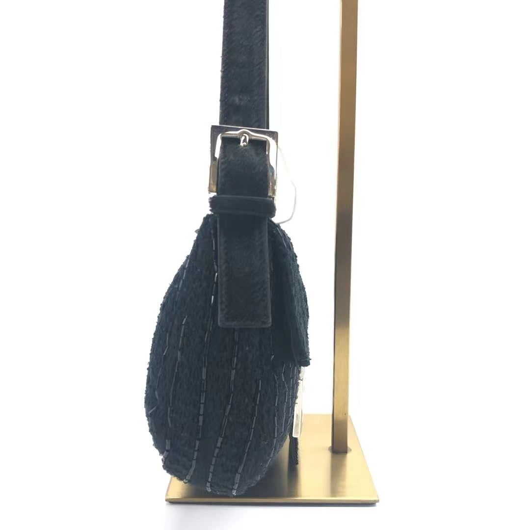Fendi Baguette Black Glitter Beads and Cloth Knit Shoulder Bag