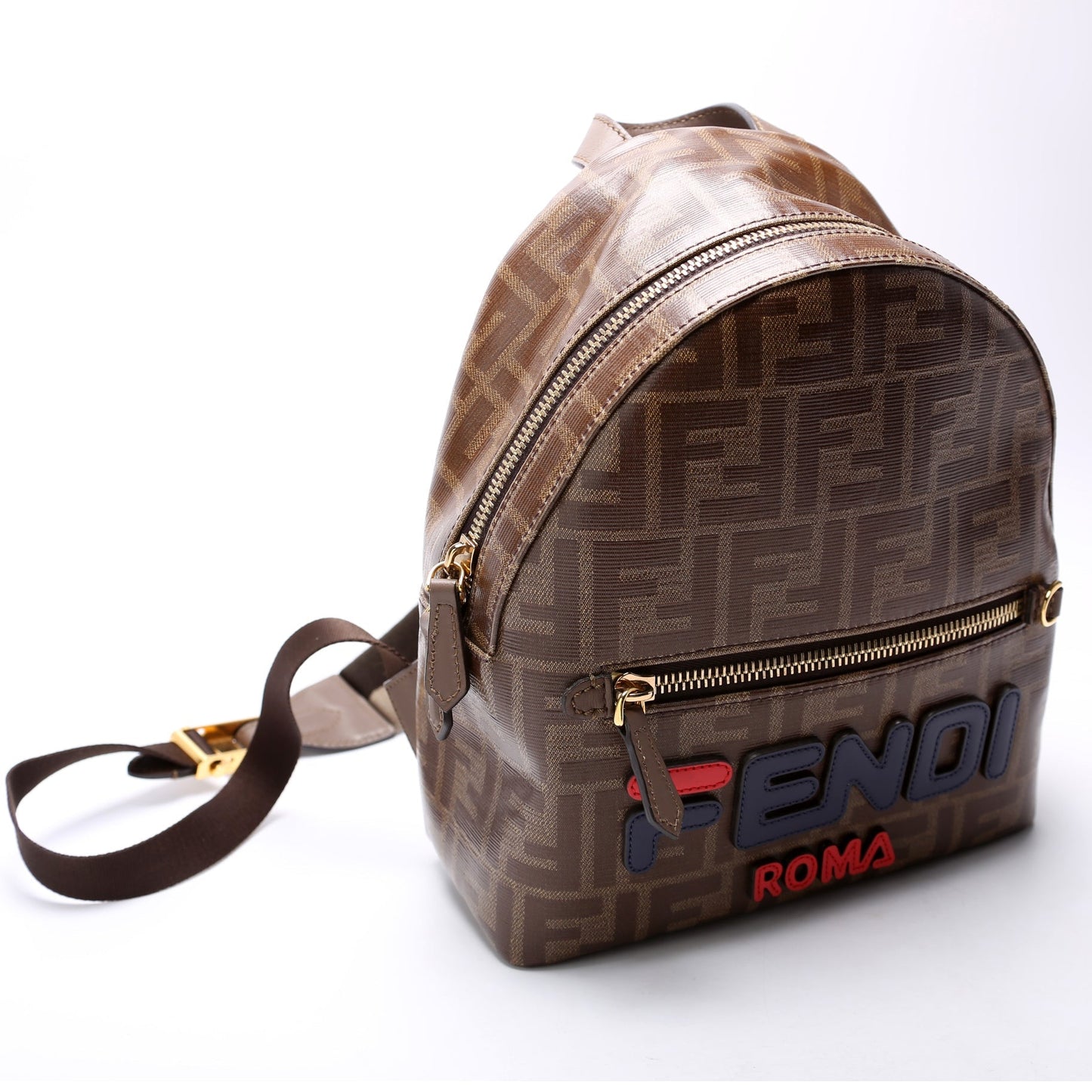 Fendi Fila FF Glazed Canvas Mini Backpack Brown Bag