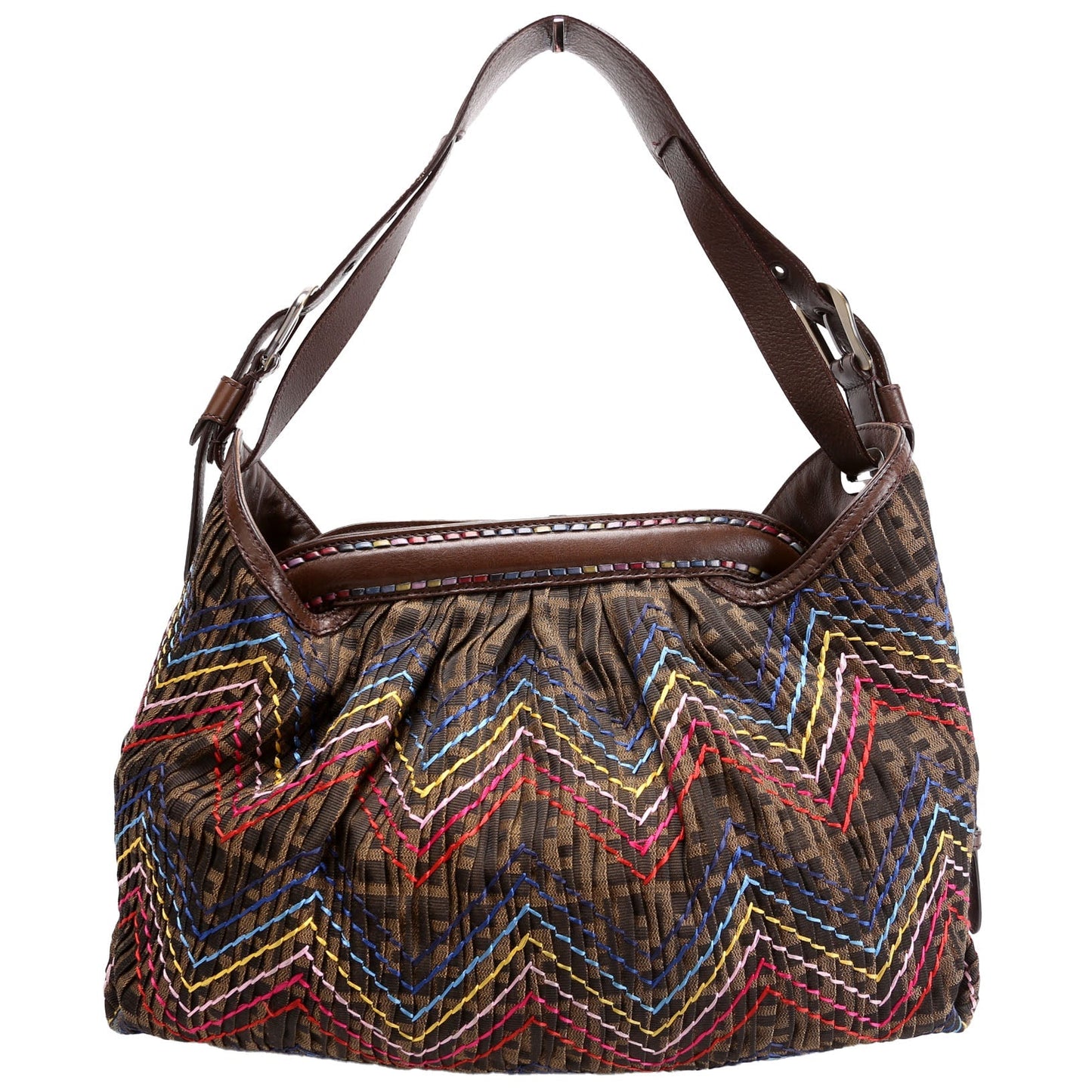 Fendi 8BR579 Pleated Zucca Embroidered Doctor B Hobo Brown/Multicolor Bag