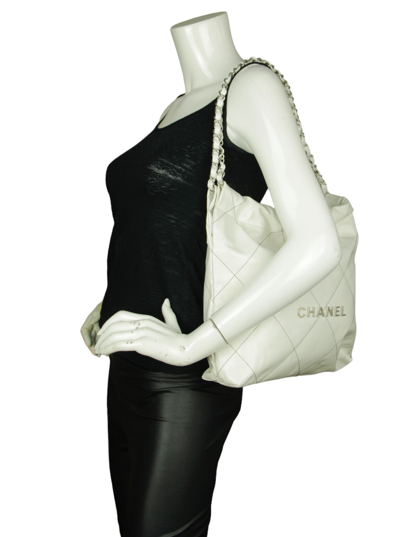 Chanel White Leather Quilted Chanel 22 Tote Bag - Rovelle Bags