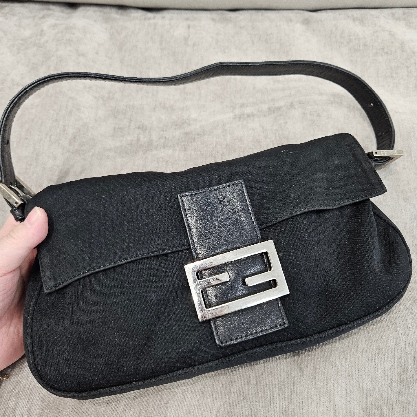 FENDI Baguette Black Cloth Silver Hardware Shoulder Bag