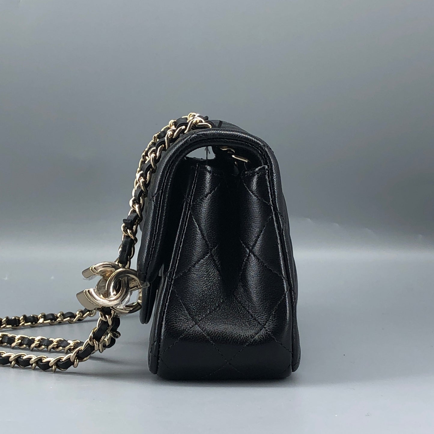 Chanel lambskin quilted mini rectangular flap bag in black with CC logo chain