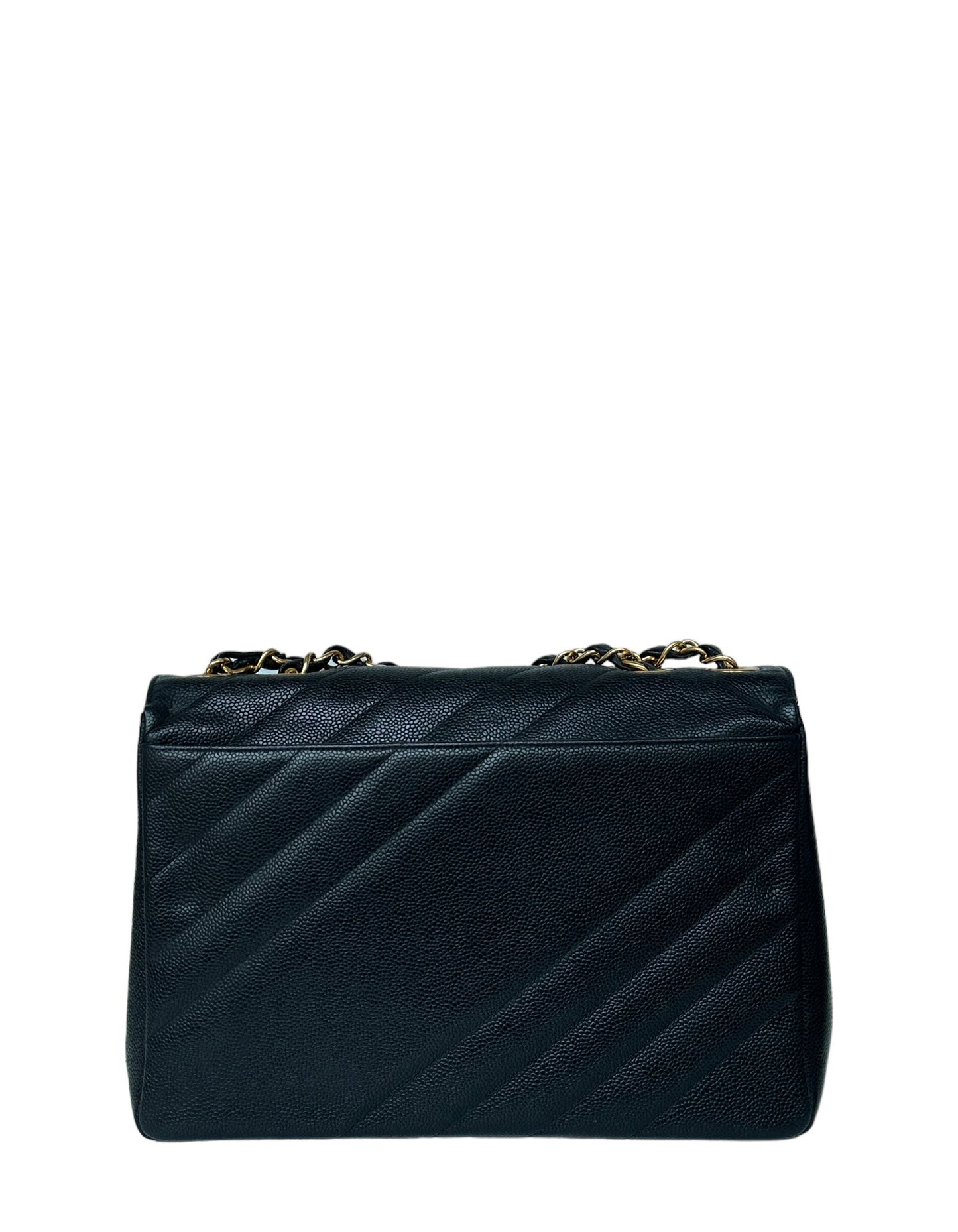 Chanel 1990s Black Caviar Leather Diagonal Flap Bag - Rovelle Bags