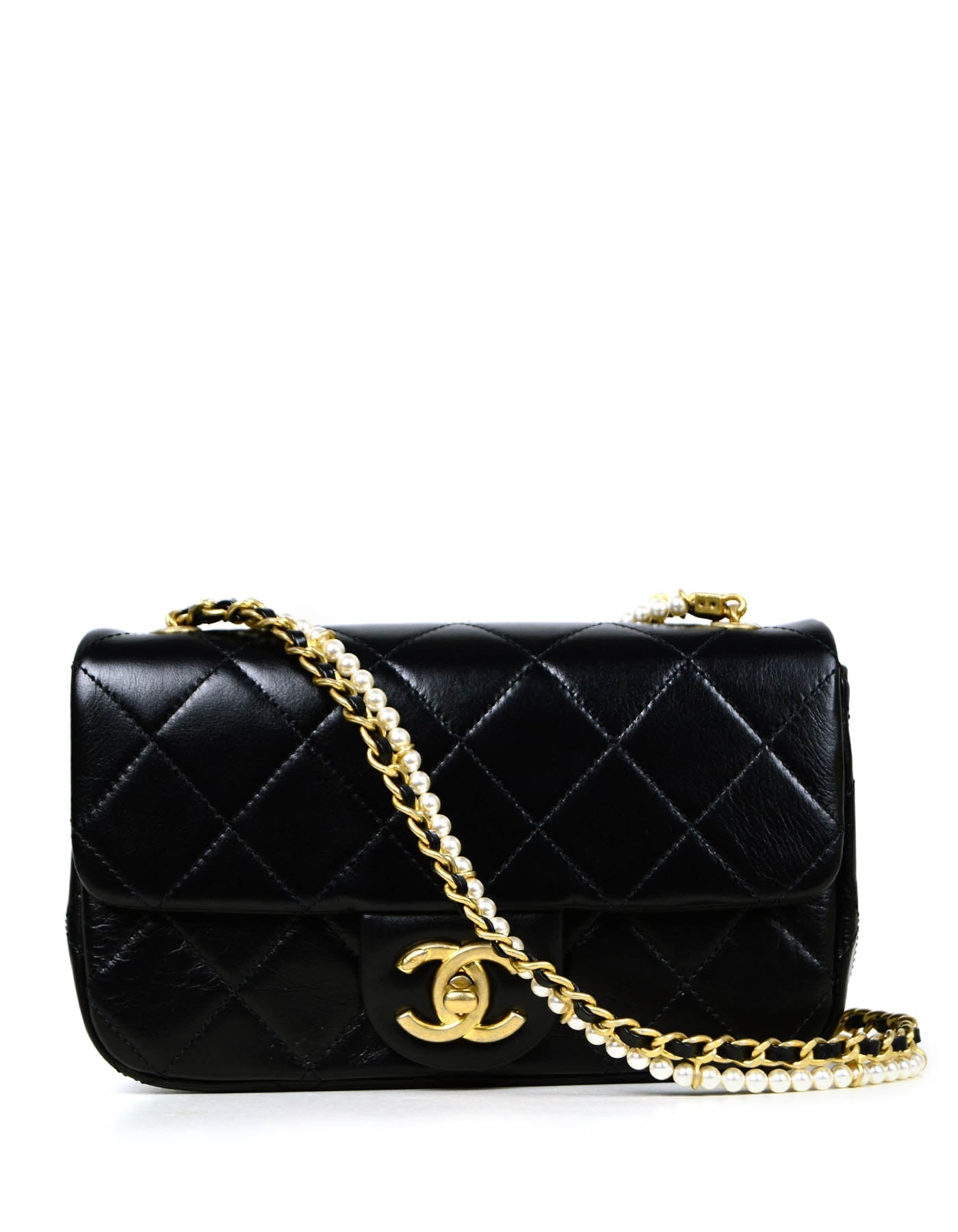 Chanel 2020 Black Calfskin Crystal Pearls Crossbody Bag - Rovelle Bags