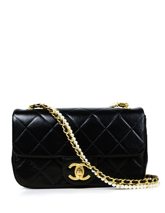 Chanel 2020 Black Calfskin Crystal Pearls Crossbody Bag - Rovelle Bags