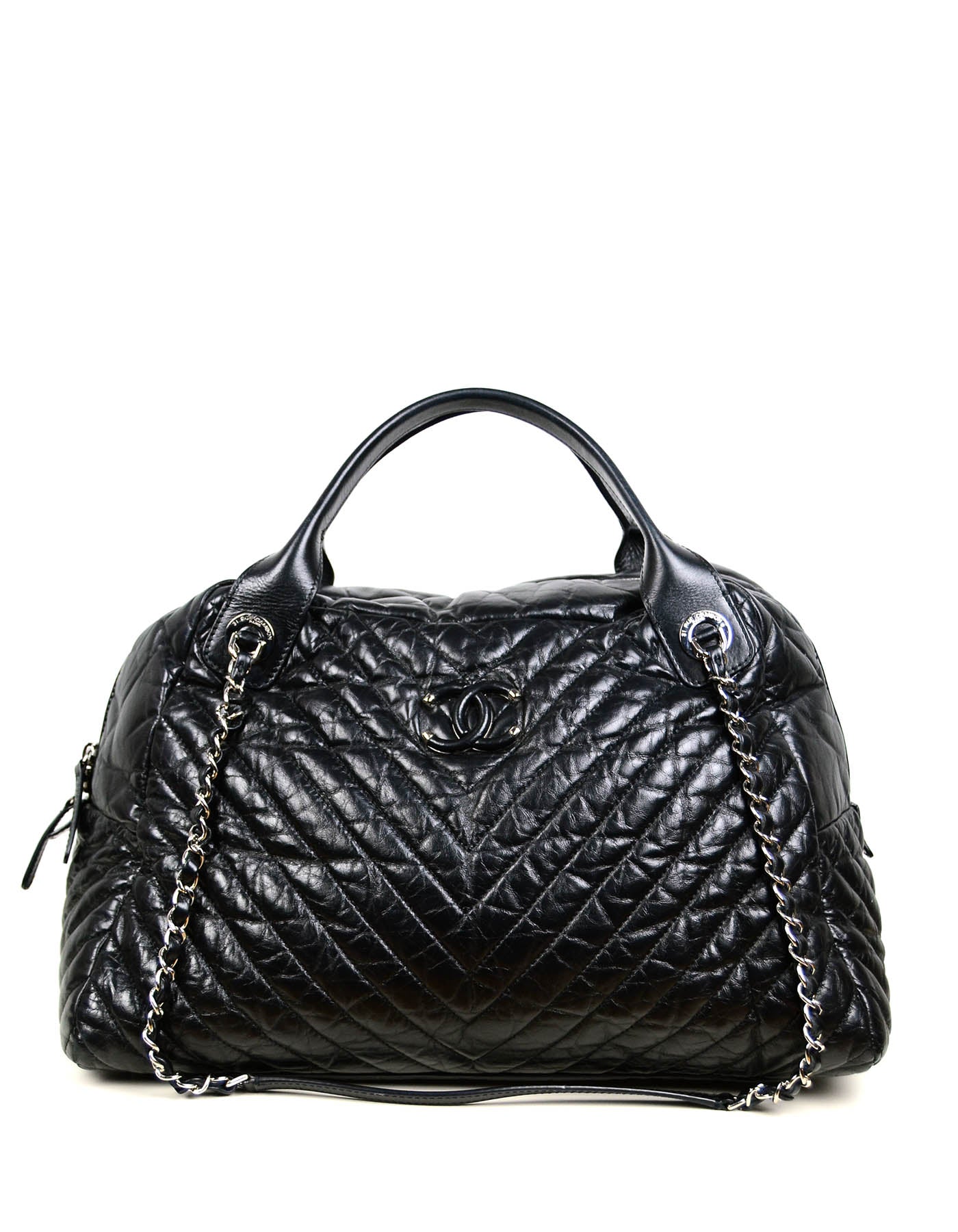 Chanel Black Aged Calfskin Leather Chevron Handbag - Rovelle Bags