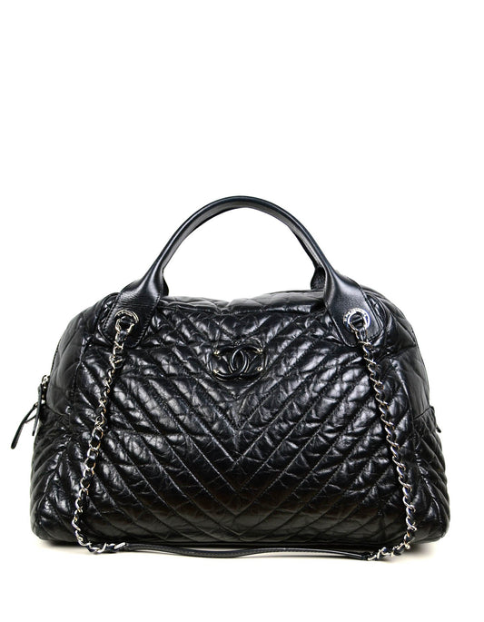 Chanel Black Aged Calfskin Leather Chevron Handbag - Rovelle Bags
