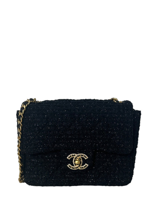 Chanel Black Square Tweed CC Flap Crossbody Bag - Rovelle Bags