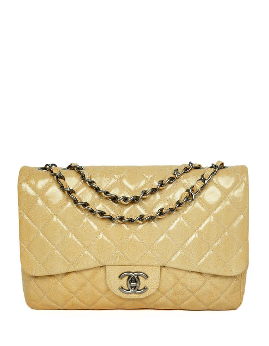Chanel Cream Crumpled Patent Quilted Single Flap Bag - Rovelle Bags