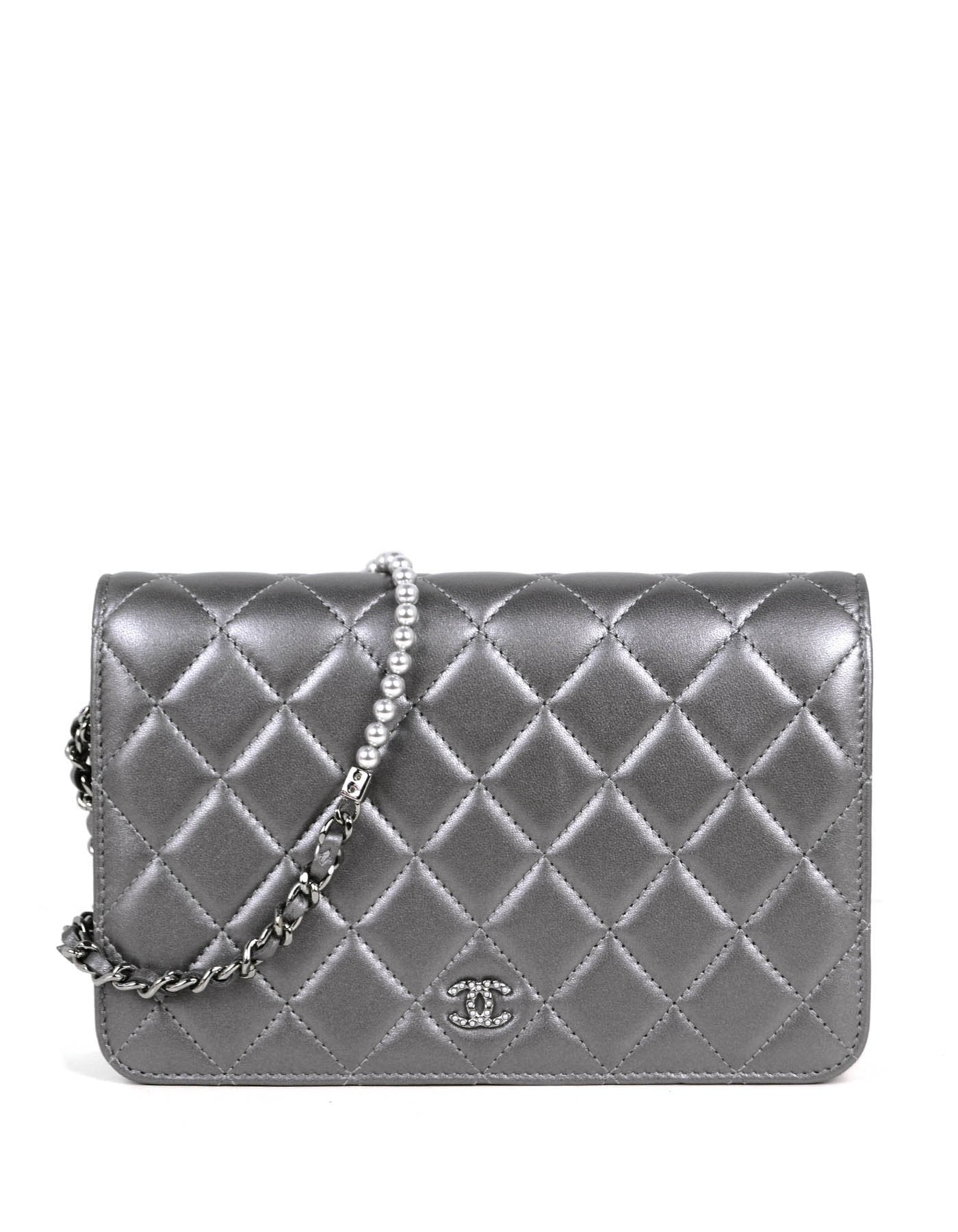 Chanel Silver Lambskin Pearl Wallet On Crossbody Bag - Rovelle Bags