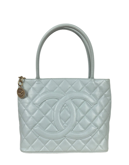 Chanel Light Blue Caviar Leather CC Tote Bag - Rovelle Bags