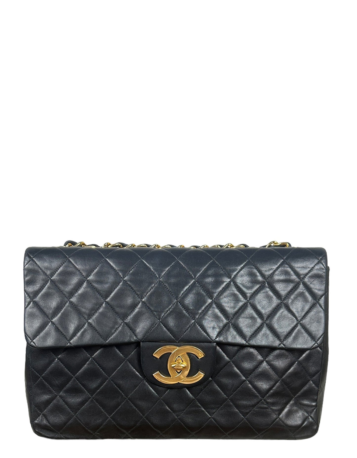 Chanel 1990s Black Lambskin Leather XL Flap Bag - Rovelle Bags