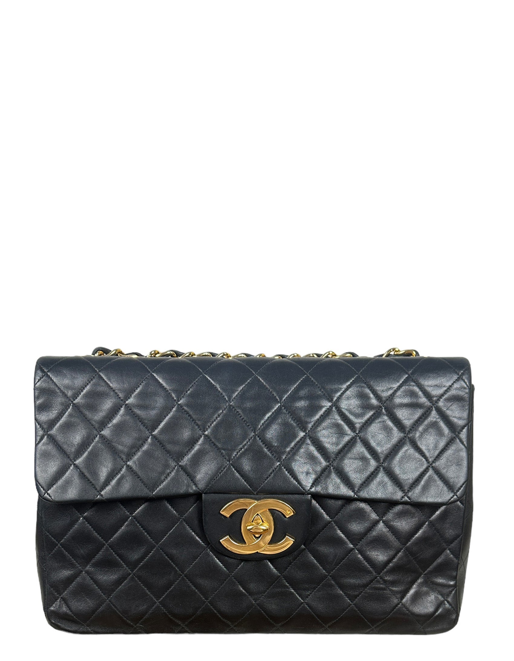 Chanel 1990s Black Lambskin Leather XL Flap Bag - Rovelle Bags