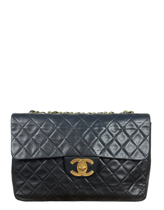 Chanel 1990s Black Lambskin Leather XL Flap Bag - Rovelle Bags