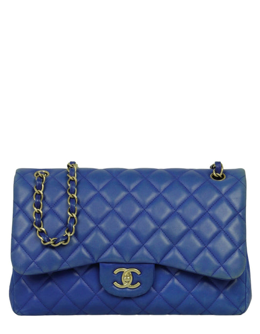 Chanel Blue Lambskin Double Flap Jumbo Flap Bag - Rovelle Bags