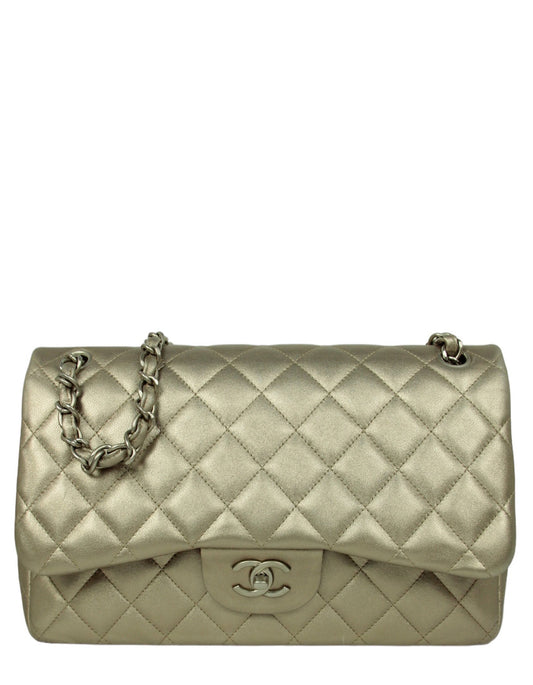 Chanel Gold Lambskin Double Flap Jumbo Flap Bag - Rovelle Bags