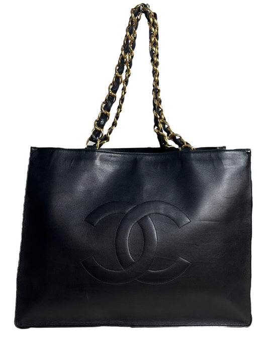 Chanel Black Leather CC Logo Tote Tote Bag - Rovelle Bags