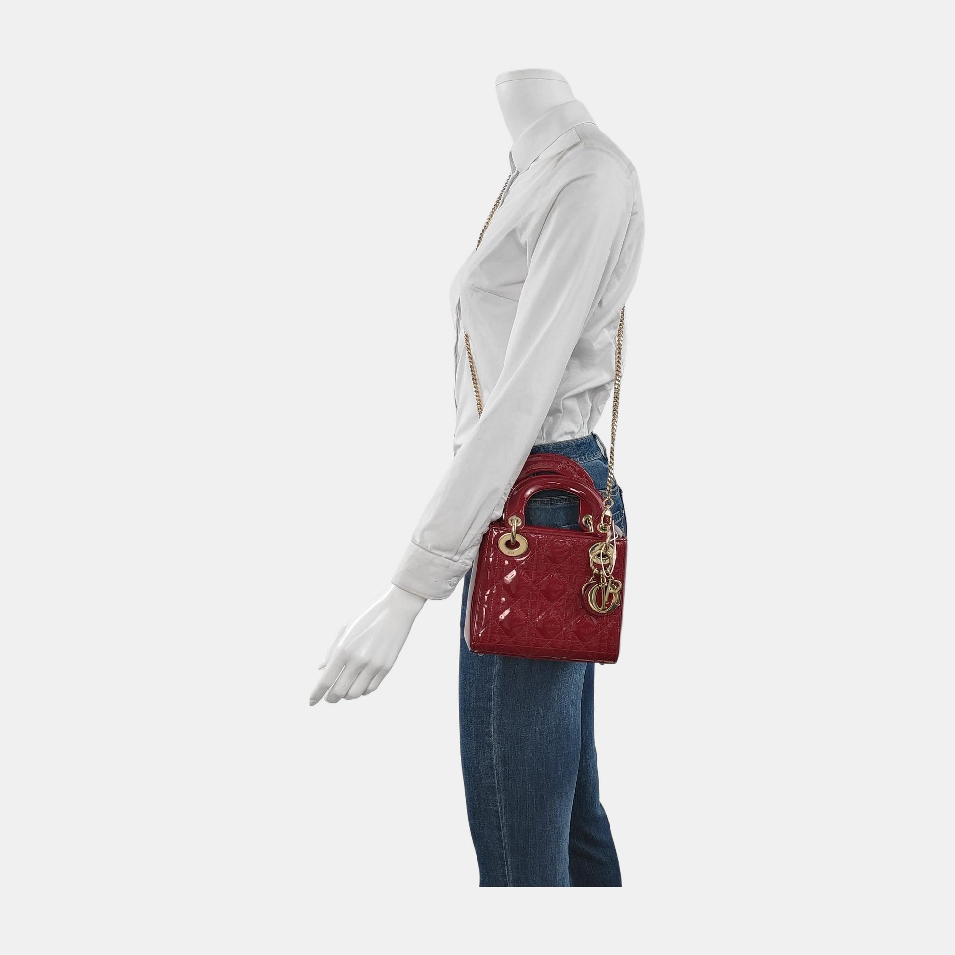 Lady Dior Mini Handbag Burgundy Red Patent Leather Gold-tone Chain Strap
