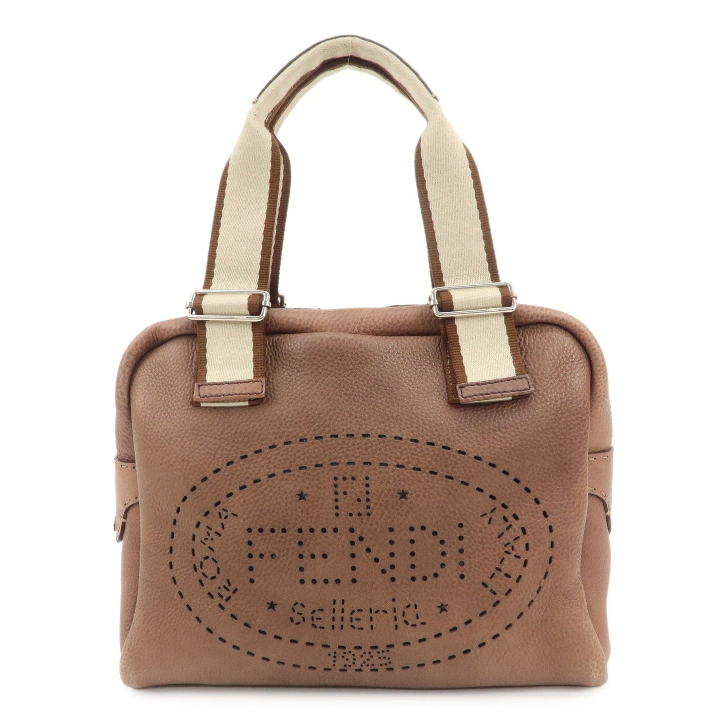 FENDI Selleria Leather Canvas Hand Bag Shoulder Bag Brown 8BL093