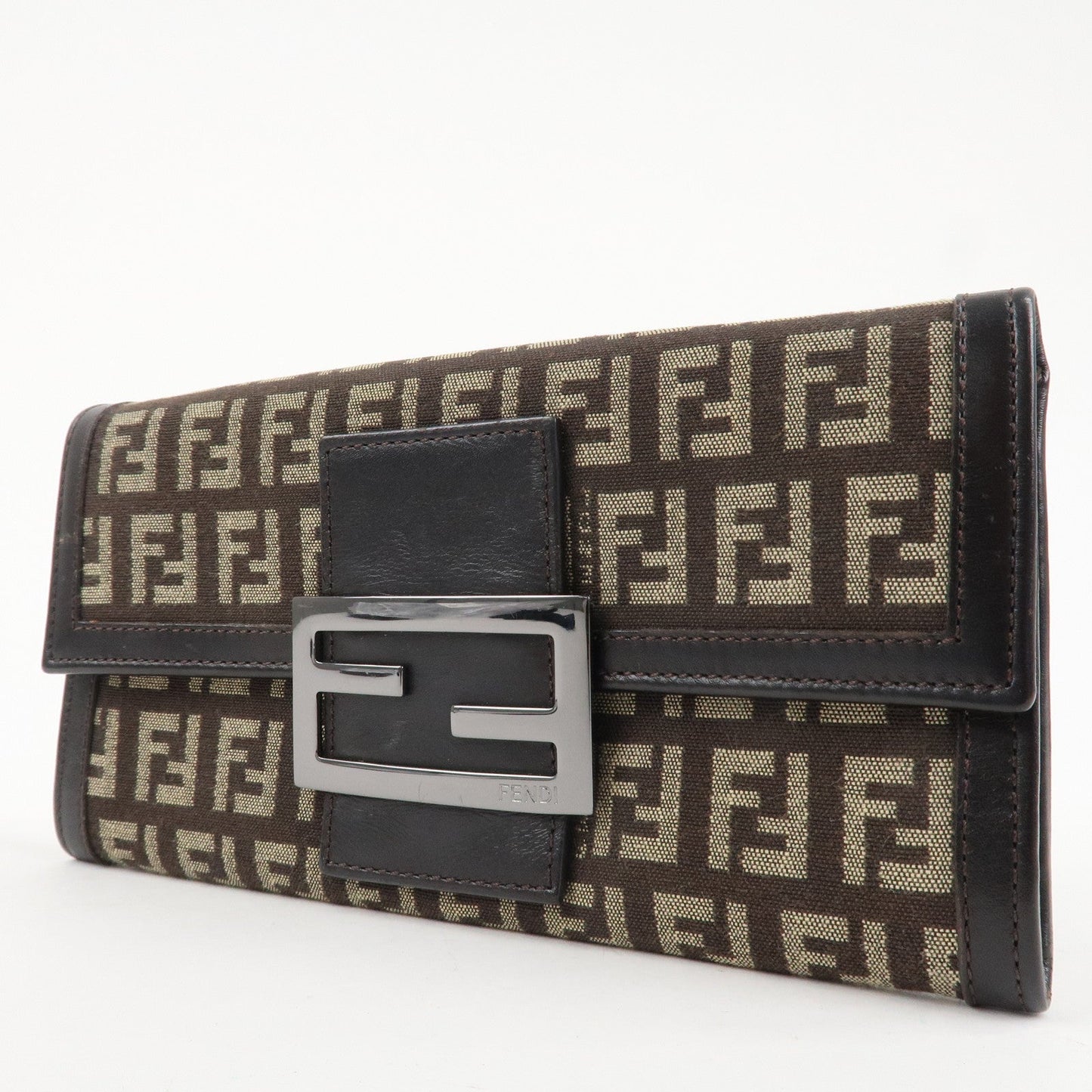 FENDI Zucchino Canvas Leather Bi-Fold Long Wallet Dark Brown 8M0021