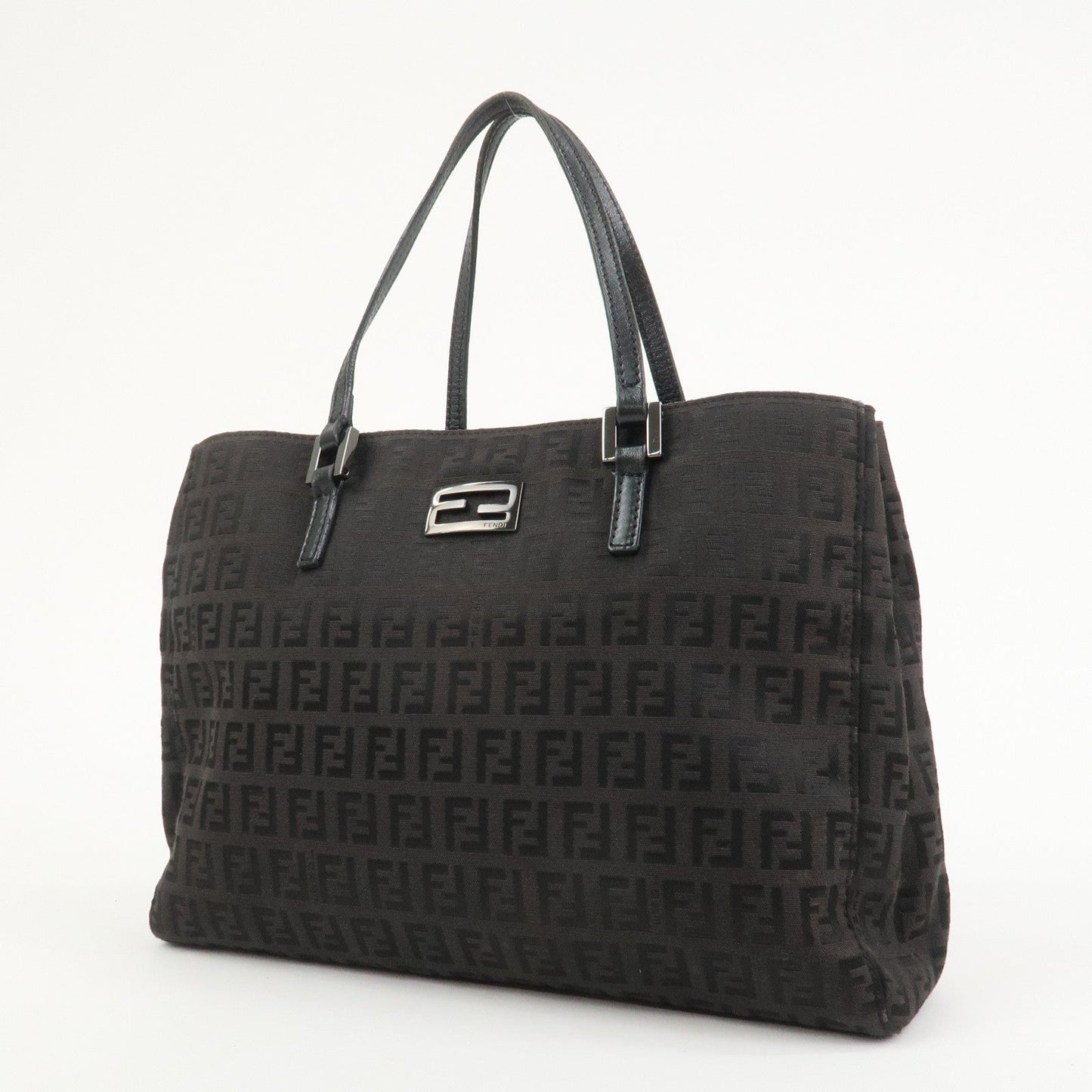 FENDI Zucchino Canvas Leather Hand Bag Tote Bag Dark Brown 8BH132