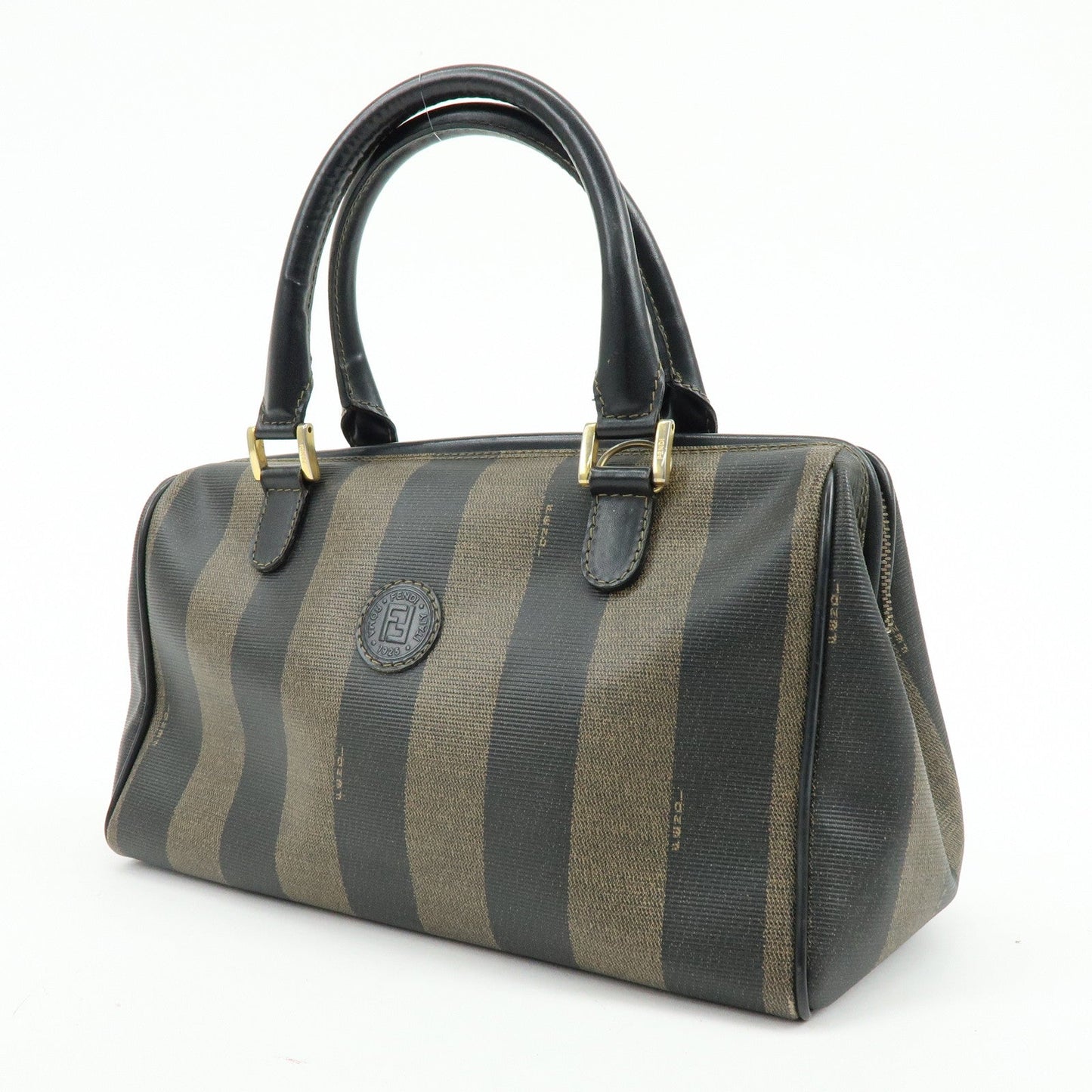 FENDI Pequin PVC Leather Boston Bag Hand Bag Black Brown