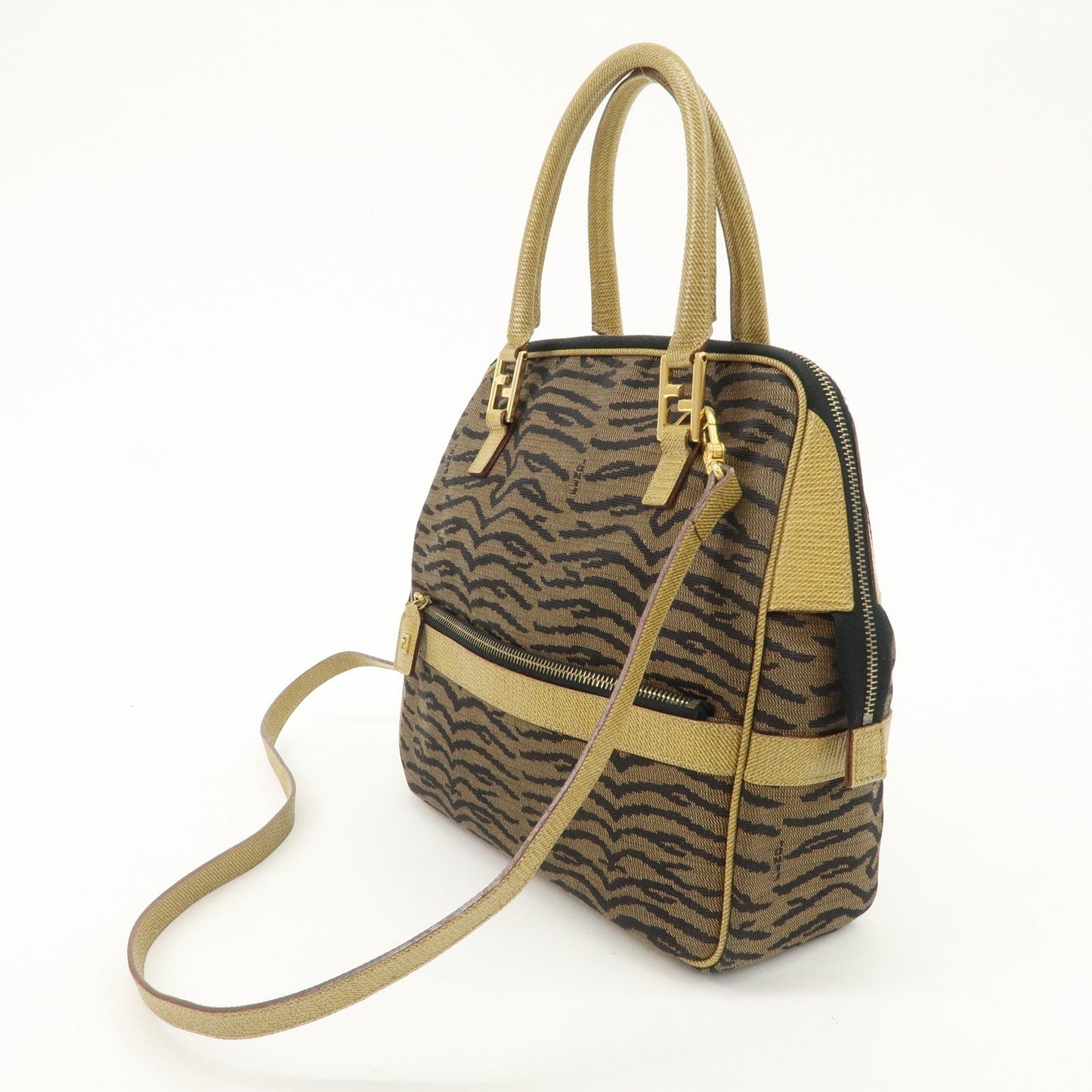FENDI Leather Canvas 2Way Bag Hand Bag Zebra Print Black Brown