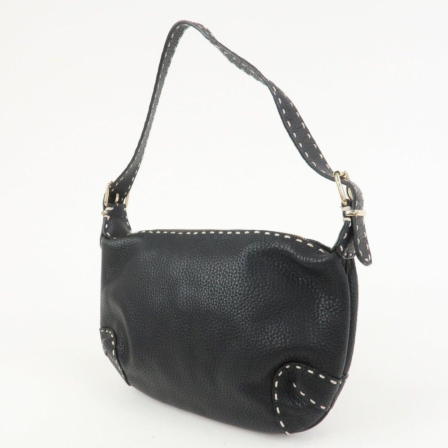 FENDI Selleria Logo Leather Shoulder Bag Hand Bag Black