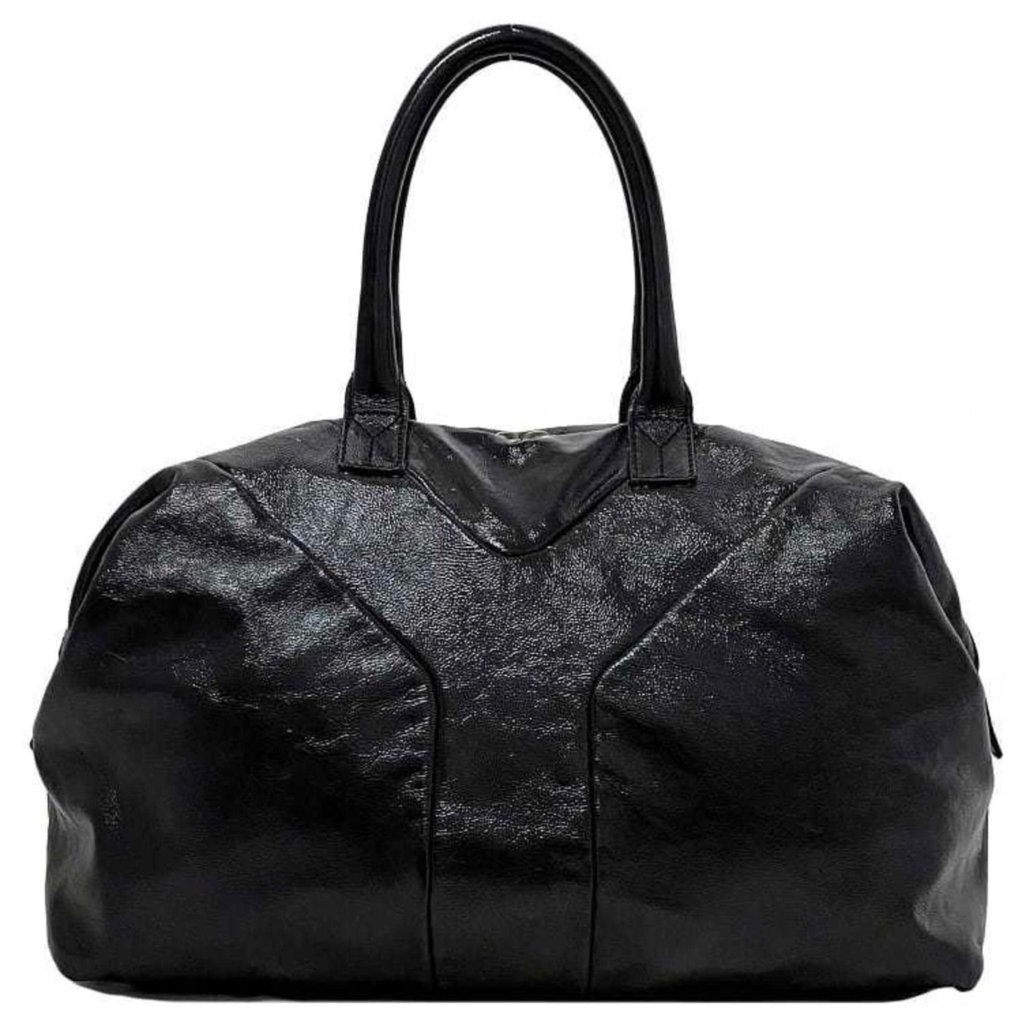 Yves Saint Laurent Easy Boston Embroidery Stitch Y Tote Bag in Black Patent Leather