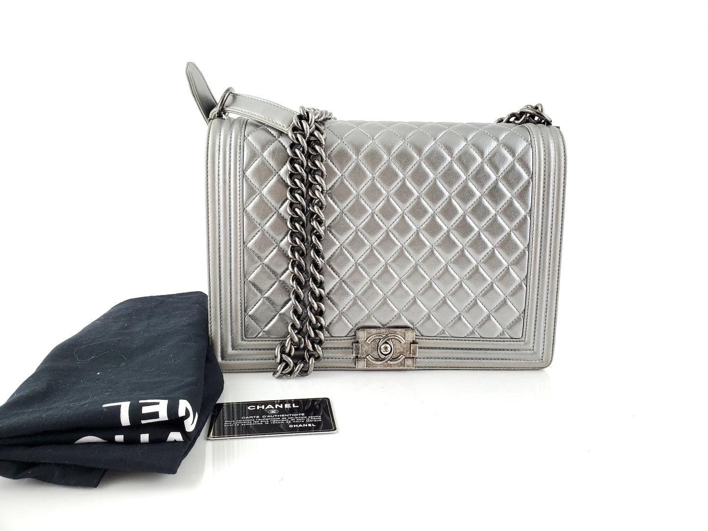 Chanel Large Metallic Silver Quilted Boy Flap Bag - Rovelle Bags