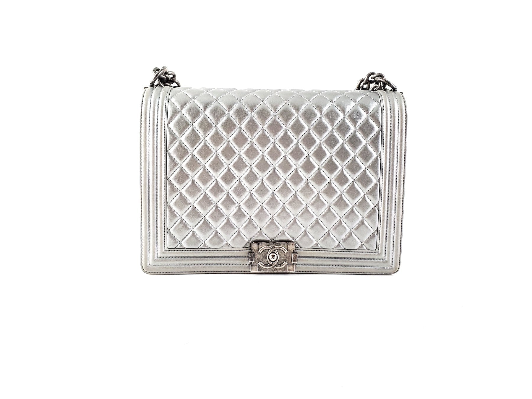 Chanel Large Metallic Silver Quilted Boy Flap Bag - Rovelle Bags