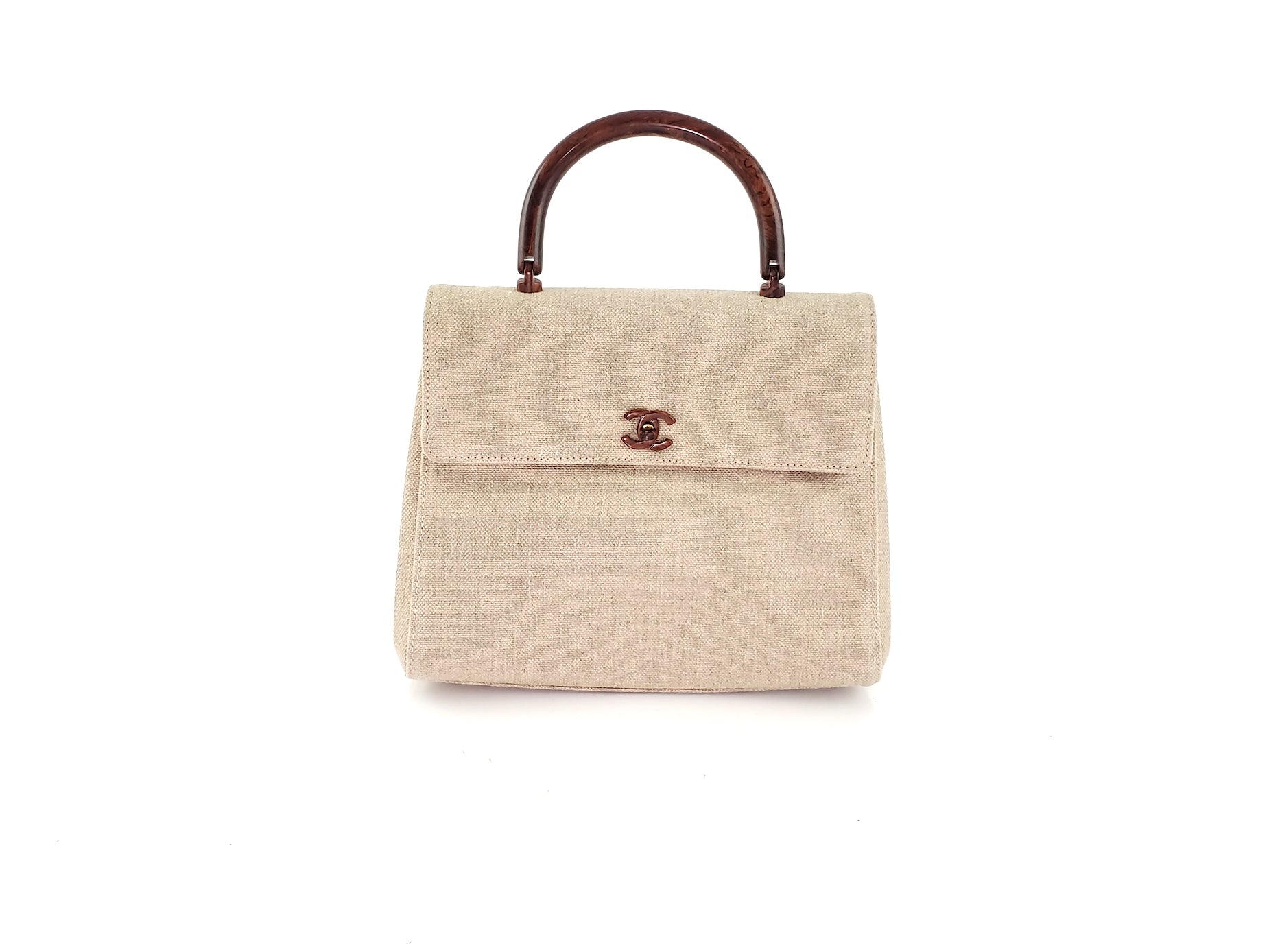 Chanel Kelly Wood Canvas Top Handle Handbag - Rovelle Bags