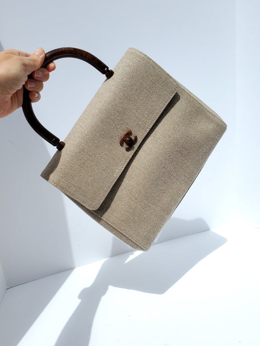Chanel Kelly Wood Canvas Top Handle Handbag - Rovelle Bags