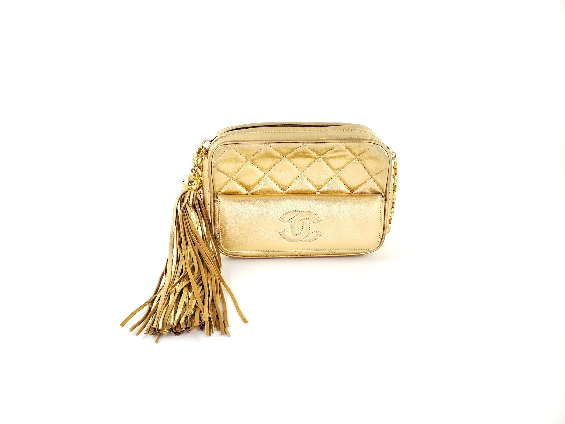 Chanel Quilted Gold CC Camera Tassel Shoulder Bag - Rovelle Bags