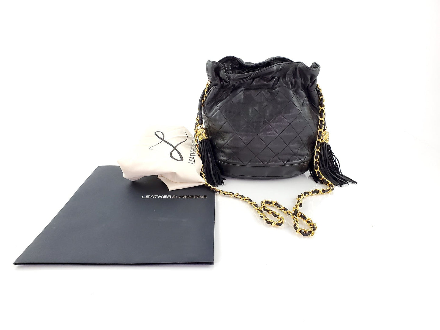 Chanel 24k Gold Black Leather Quilted Bucket Bag - Rovelle Bags