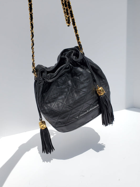 Chanel 24k Gold Black Leather Quilted Bucket Bag - Rovelle Bags
