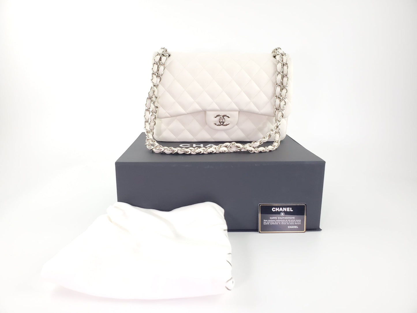 Chanel White Lambskin Leather Quilted Jumbo Flap Bag - Rovelle Bags