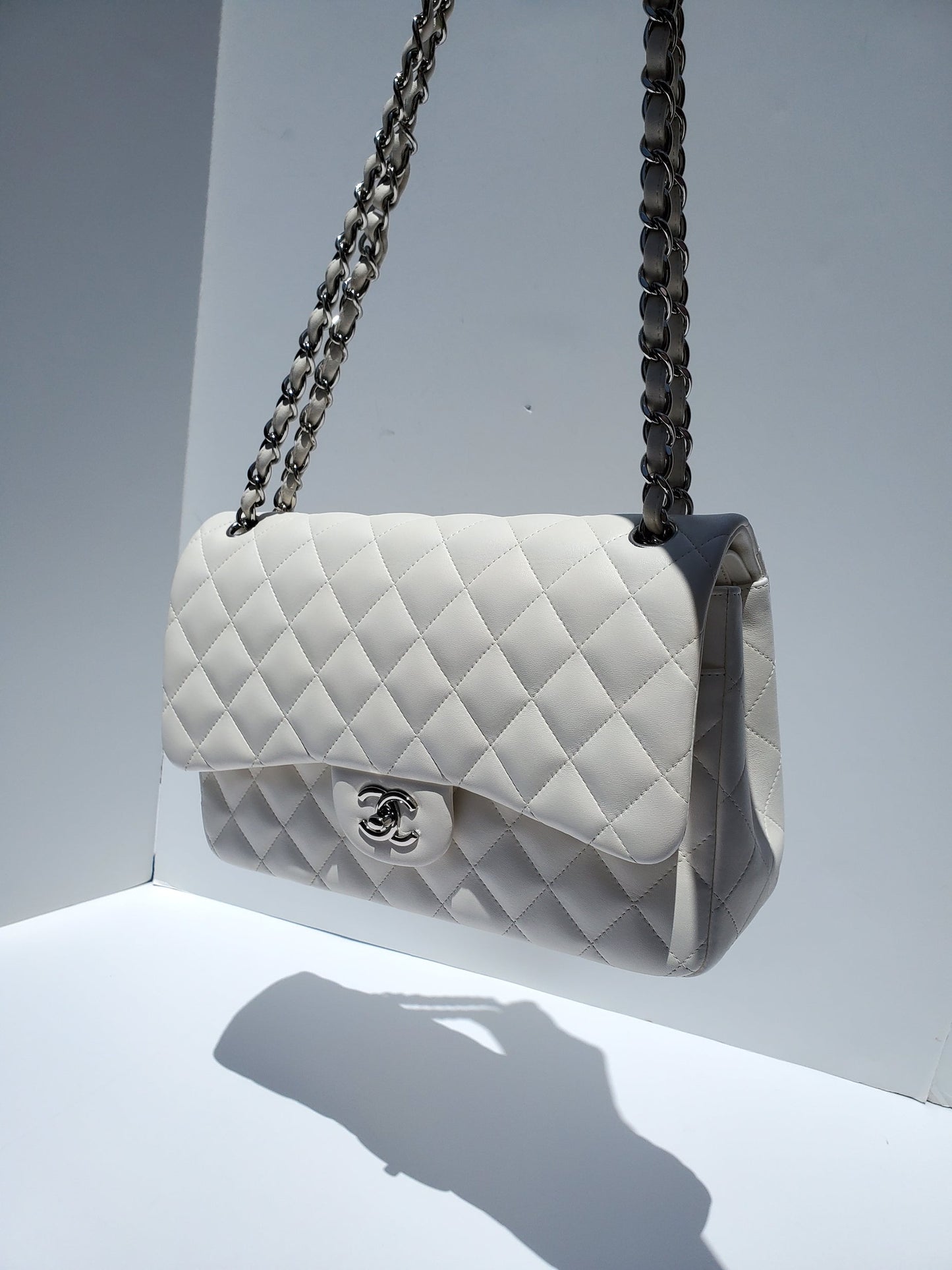 Chanel White Lambskin Leather Quilted Jumbo Flap Bag - Rovelle Bags
