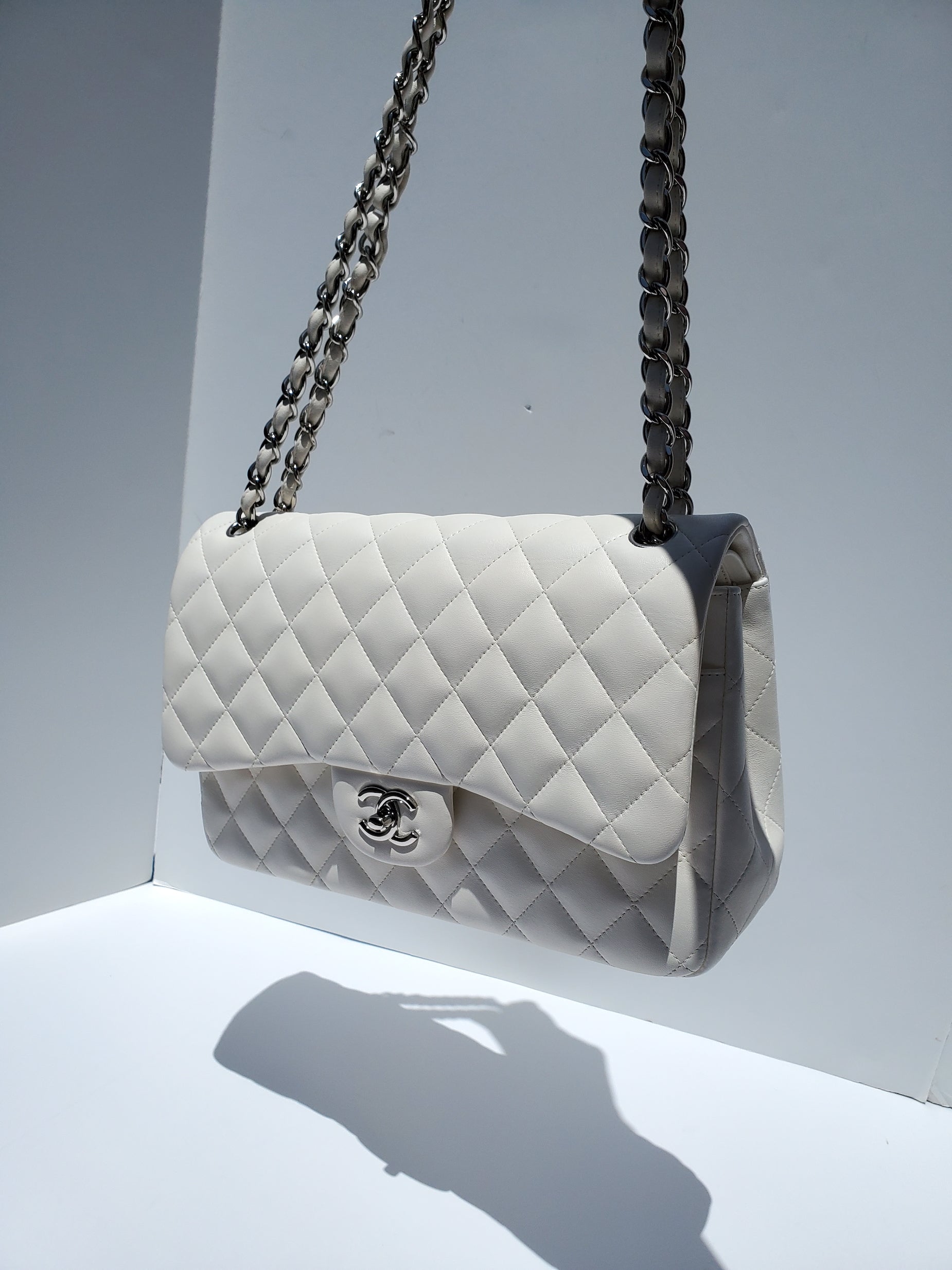 Chanel White Lambskin Leather Quilted Jumbo Flap Bag - Rovelle Bags