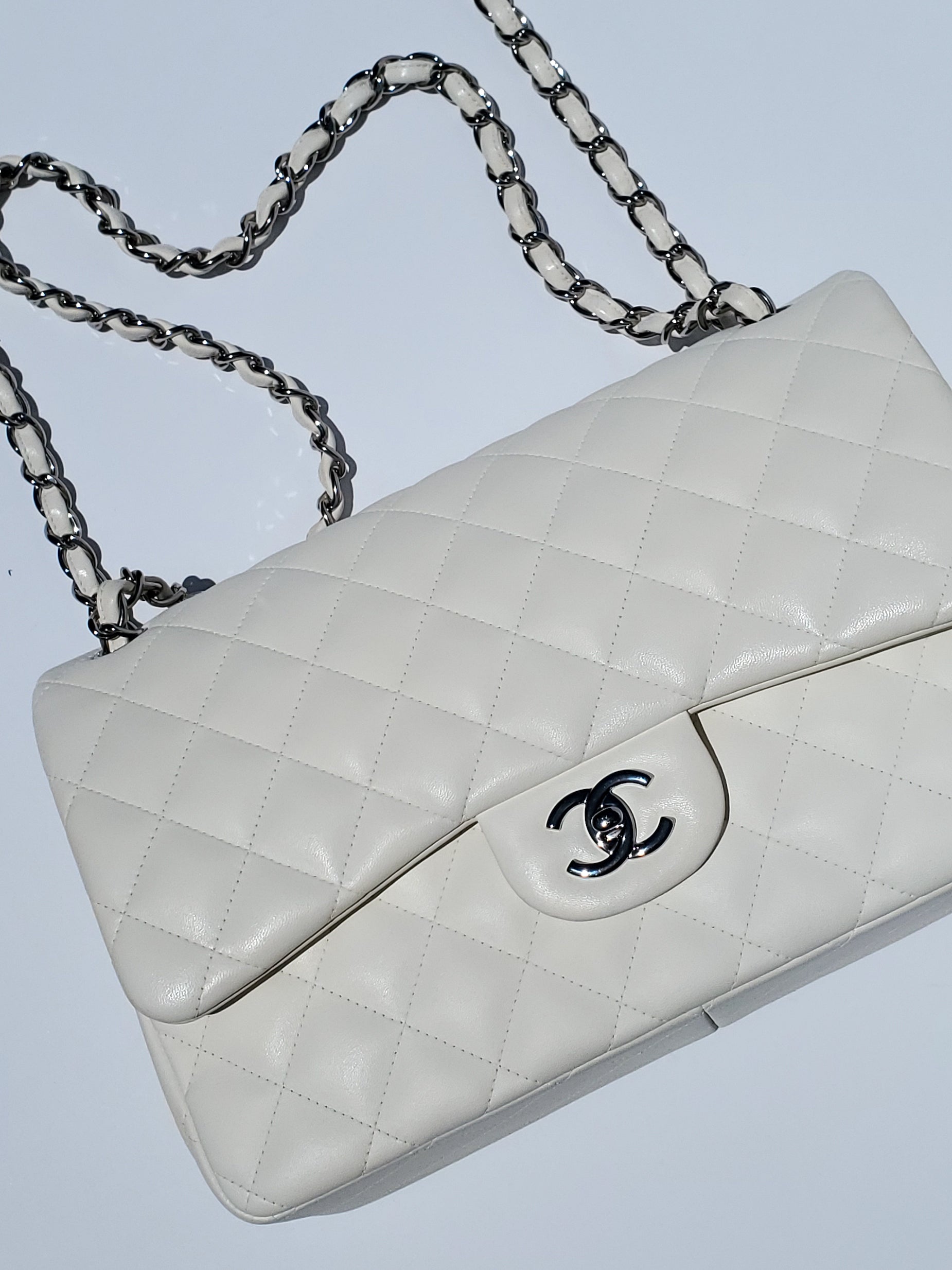 Chanel White Lambskin Leather Quilted Jumbo Flap Bag - Rovelle Bags