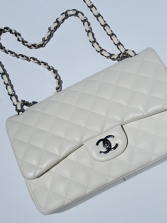 Chanel White Lambskin Leather Quilted Jumbo Flap Bag - Rovelle Bags
