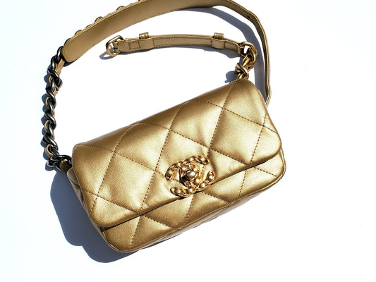 Chanel 19 2020 Metallic Gold Goatskin Handbag - Rovelle Bags