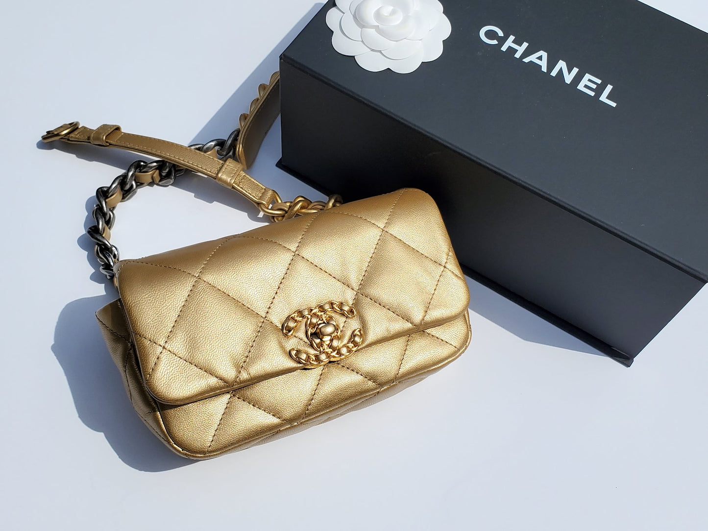 Chanel 19 2020 Metallic Gold Goatskin Handbag - Rovelle Bags