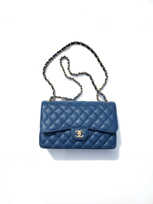 Chanel Blue 2018 Caviar Jumbo Classic Flap Bag - Rovelle Bags