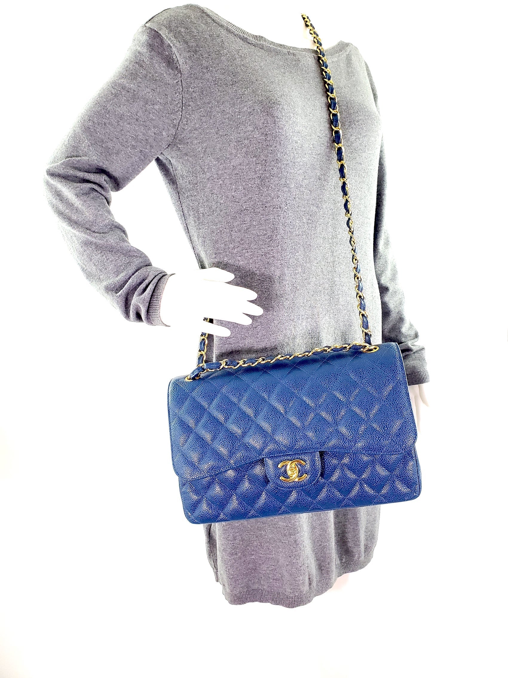 Chanel Blue 2018 Caviar Jumbo Classic Flap Bag - Rovelle Bags
